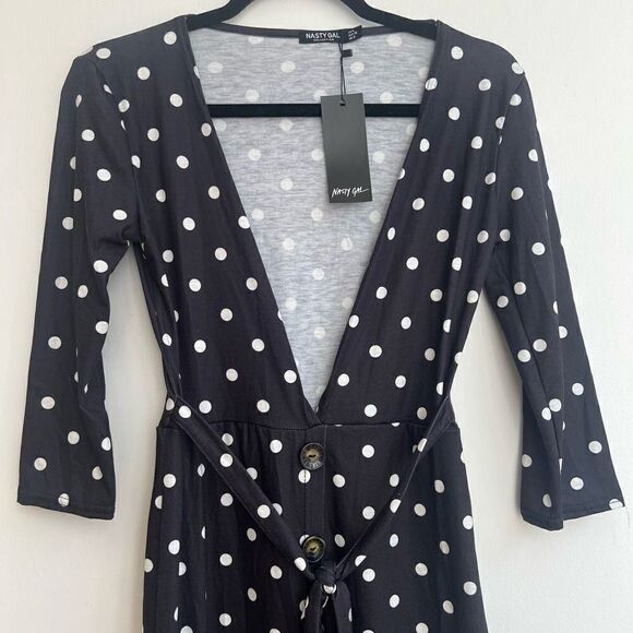 Nasty Gal Women's Polka Dots Plunging Button-Down Slit Dress Black/ White 4 NWT - Picture 3 of 10
